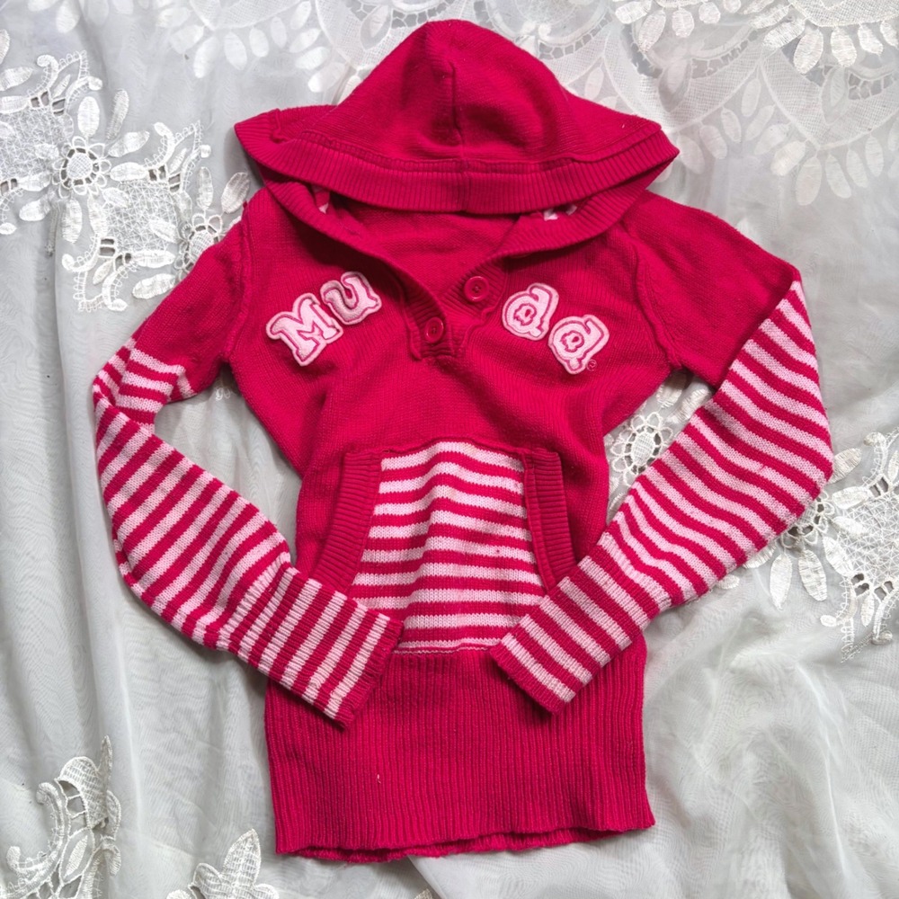 Rare Mudd Pink Striped Y2K Hooded Sweater Henley